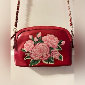 Original By Sharif 1827 Handbag Red Embroidered Floral Crossbody Gold Chain